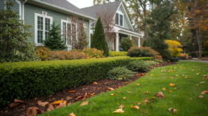 Professional front yard landscaping with trimmed hedges, fresh mulch, green lawn, and seasonal plants enhancing home curb appeal.